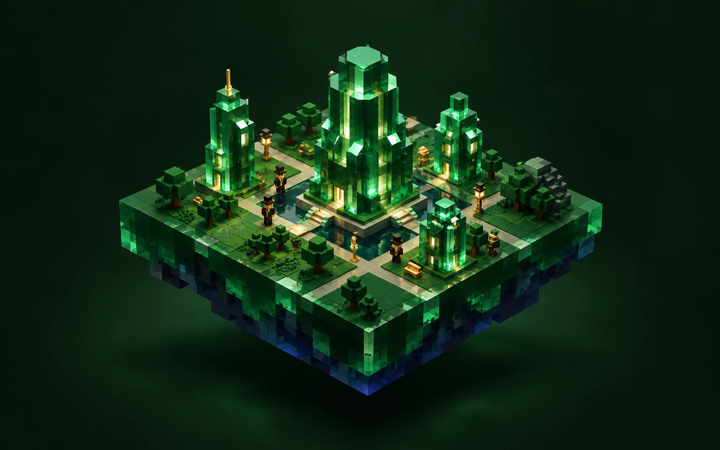 A floating voxel parcel of Emerald City in 2100, with crystal towers lit by gold windows.