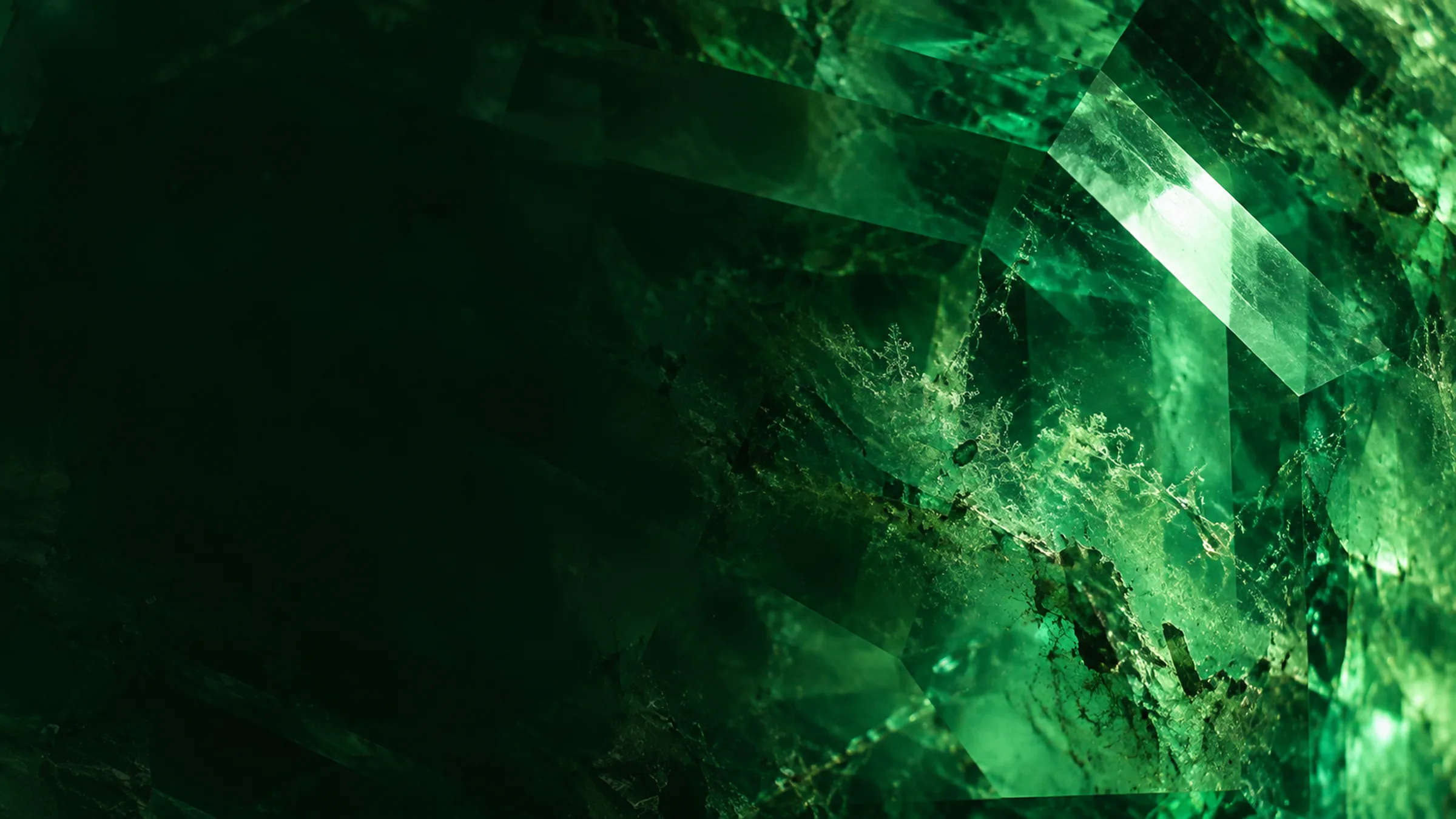 Macro view inside an emerald: green light and soft inclusions.